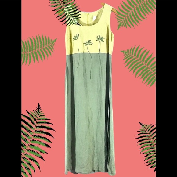 Vintage Light Green & Citron Palm Tree Embroidered Sleeveless Maxi Dress SZ 6 - Picture 7 of 10